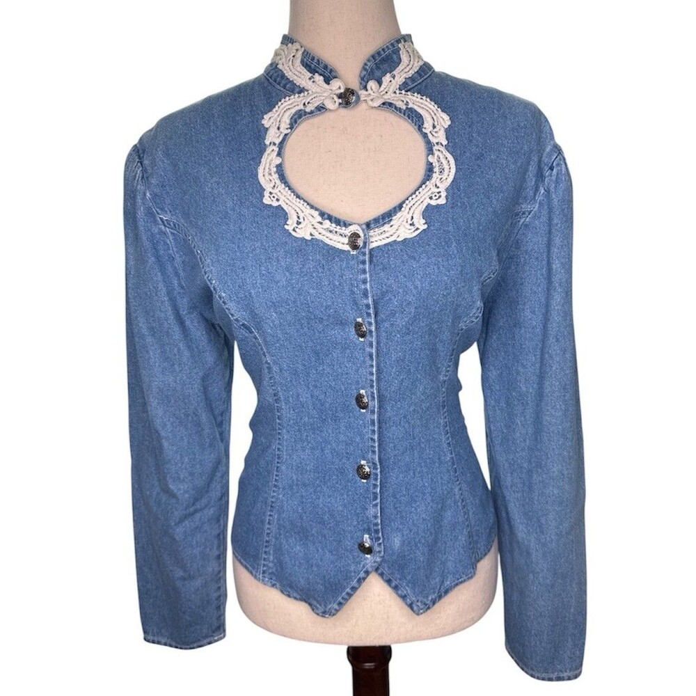 Shelbi Ranch VTG Womens Crocheted Keyhole Chest Western Jean Shirt Top Sz L Sexy